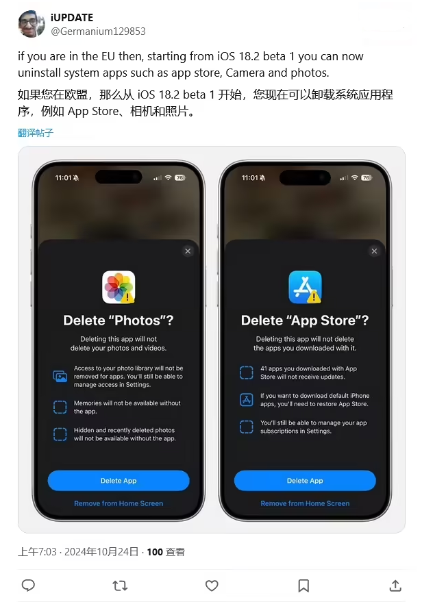 荣县苹果手机维修分享iOS 18.2 支持删除 App Store 应用商店 