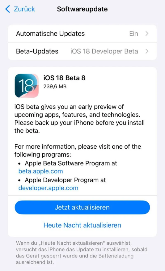 荣县苹果手机维修分享苹果 iOS / iPadOS 18 开发者预览版 Beta 8 发布 